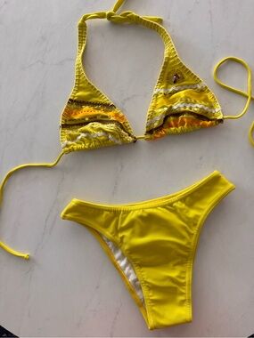 Opa Loka Yellow Striped Triangle Halter Bikini Set Sequin Beaded Embroidered M